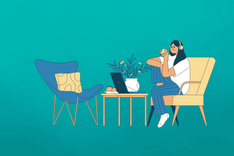 smart working, relax, home, indoor, computer, work, people, book, activities, stay home, woman, plant, interior, nature, small table, cushion, coffee, fruits, headphone, smart work