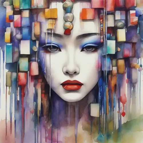 ai generated, woman, geisha, female, face, digital art, artificial intelligence, box beads, headpiece, artistic