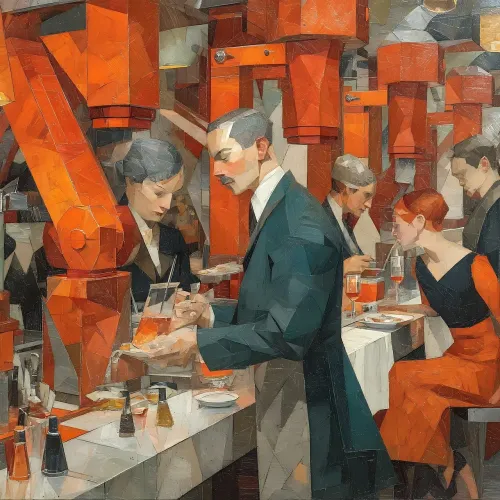 kitchen, futuristic, robot, arm, angular, automation, people, dining, style, painting, bold, machine, technology, food, drink, interior, modern, retro, art, artistic, restaurant, meal, serving, ai generated