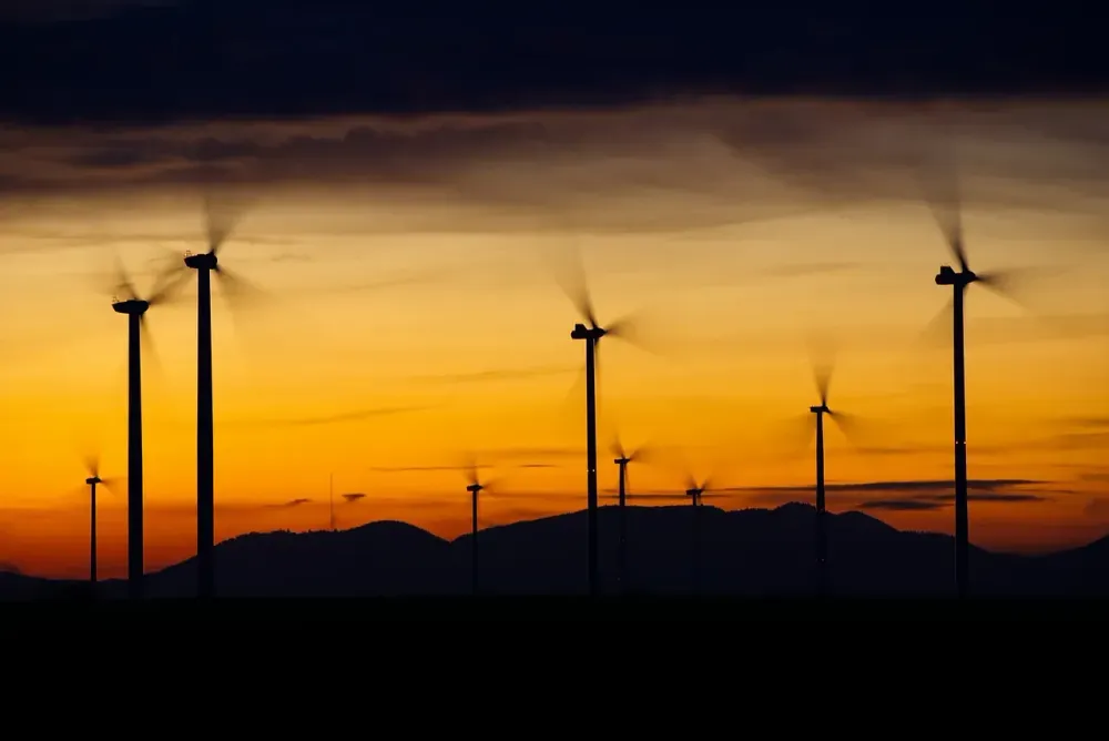 wind turbines, silhouettes, sunset, dusk, twilight, nature, renewable energy, wind power, blue sky, energy, blue, environmental technology, rotor, power generation, wind energy, power supply, landscape, rotor blades, propellers, sky, afterglow, wind park