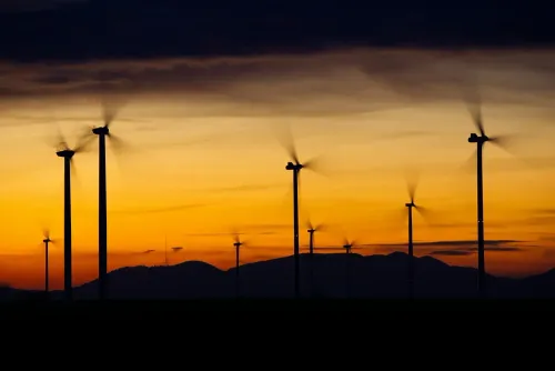 wind turbines, silhouettes, sunset, dusk, twilight, nature, renewable energy, wind power, blue sky, energy, blue, environmental technology, rotor, power generation, wind energy, power supply, landscape, rotor blades, propellers, sky, afterglow, wind park