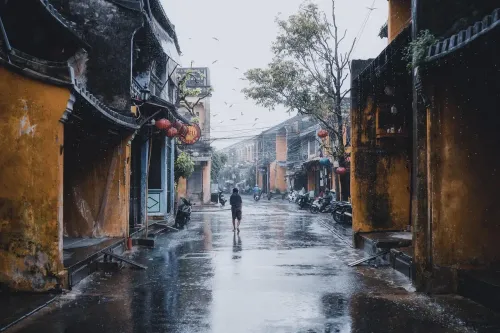 person, road, nature, street, buildings, rain, rainy, urban, walk, lonely, city, hoi an, vietnam