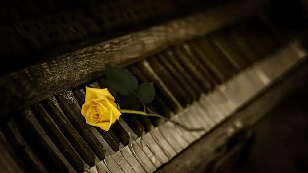 piano, rose flower, rose, yellow rose, old piano, keyboard, organ, piano keys, black keys, white keys, vintage, keys, melody, musical instrument