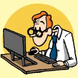 man, office, worker, desk, cartoon, computer, laptop, glasses, hunched