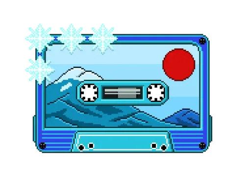pixel art, pixel, cassette, tape, nature, recorder, retro, classic, music, snow, winter, mountain, sun