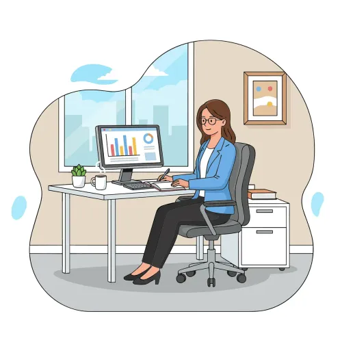 data analysis, office analytics, business analytics, woman at desk, working on a computer, charts and graphs, financial analysis, office workplace, professional woman, business reporting, corporate job, productivity concept, modern office, desk work, analytics dashboard, cartoon style, pastel palette, business concept, office interior, career growth, work routine, female employee, ai generated