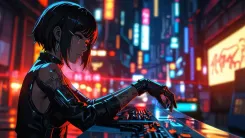 ai generated, woman, beauty, cyberpunk, female, protagonist, leather jacket, city, futuristic, urban, sci-fi, dystopian, night, character, tech, cyber, neon, moody, cybernetic arm, keyboard, technology