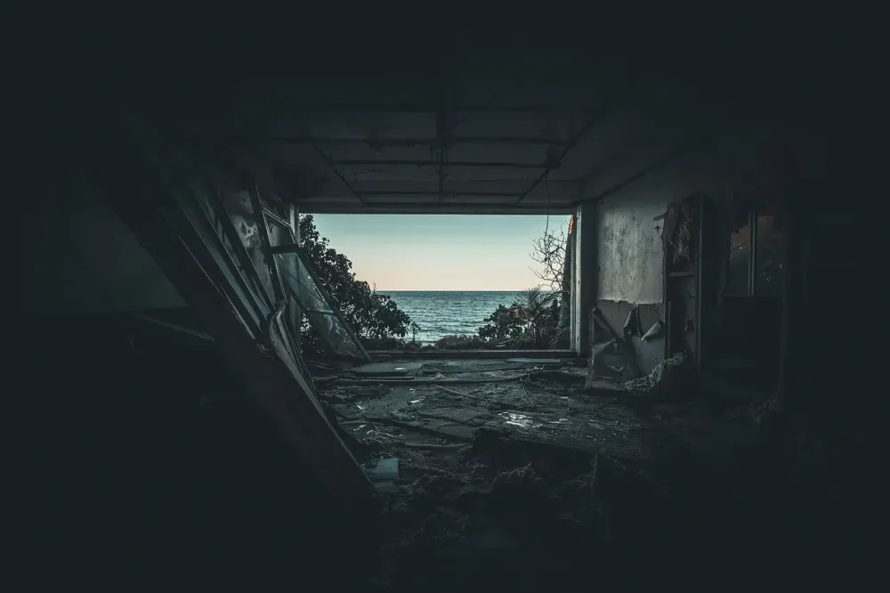 abandoned, explore, ocean, rectangle, nature, vacant, dark, room, broken, blue room