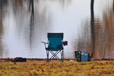chair, fishing chair, camping chair, lake, fishing, nature, water surface, riverbank, empty