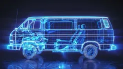 ai generated, van, holographic, vehicle, blueprint, car, projection, neon, glow, automotive, automobile, engineering, art, futuristic, 3d render, model, wireframe