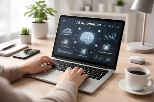 artificial intelligence, automation, machine learning, laptop, workspace, modern design, nature, remote work, desk, productivity, digital workflow, neutral tones, natural lighting, professional, home office, coffee cup, plant, creative workspace, teamwork, office plant