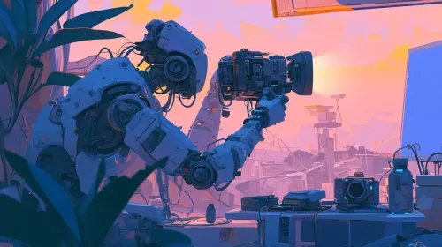 ai generated, robot, cyborg, robotics, cinematography, technology, android, camera, filmmaking, future, mechanical, vision, precision, artistry, innovation, directing, automation, digital, high-tech, equipment, cinematic, director, lens, artificial intelligence