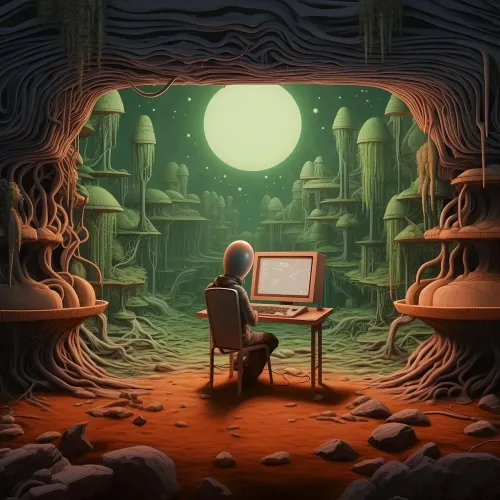 ai generated, alien, planet, technology, background, wallpaper, steampunk, robot, machine, computer, laptop, office, internet, work, desk, study