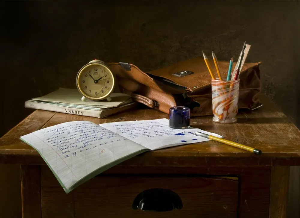 school work, write, still life, assignment, pen, pencils, alarm clock, school bag, notebook, ink, table, desk, study, letter, retro, study, study, study, study, study