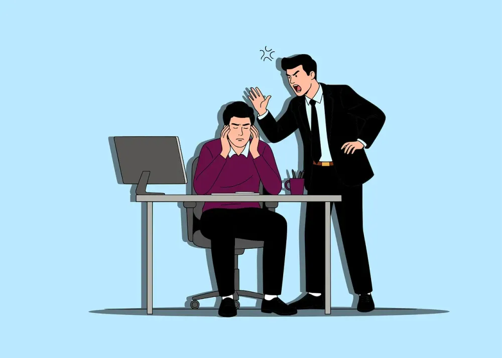 workplace, stress, conflict, shouting, bullying, boss, employee, angry, frustrated, pressure, professional, office, desk, negative, problem, management, tired, overworked, harassment, cartoon