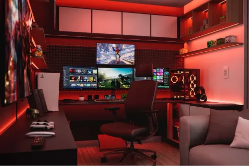 interior design, home office, modern interior, bedroom, study, pc, earphone, headphones, music, sound, technology, games, playstation, gamer, ps4, ps5, console, play, xbox, red, space red, night, led, dark, render
