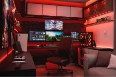 interior design, home office, modern interior, bedroom, study, pc, earphone, headphones, music, sound, technology, games, playstation, gamer, ps4, ps5, console, play, xbox, red, space red, night, led, dark, render
