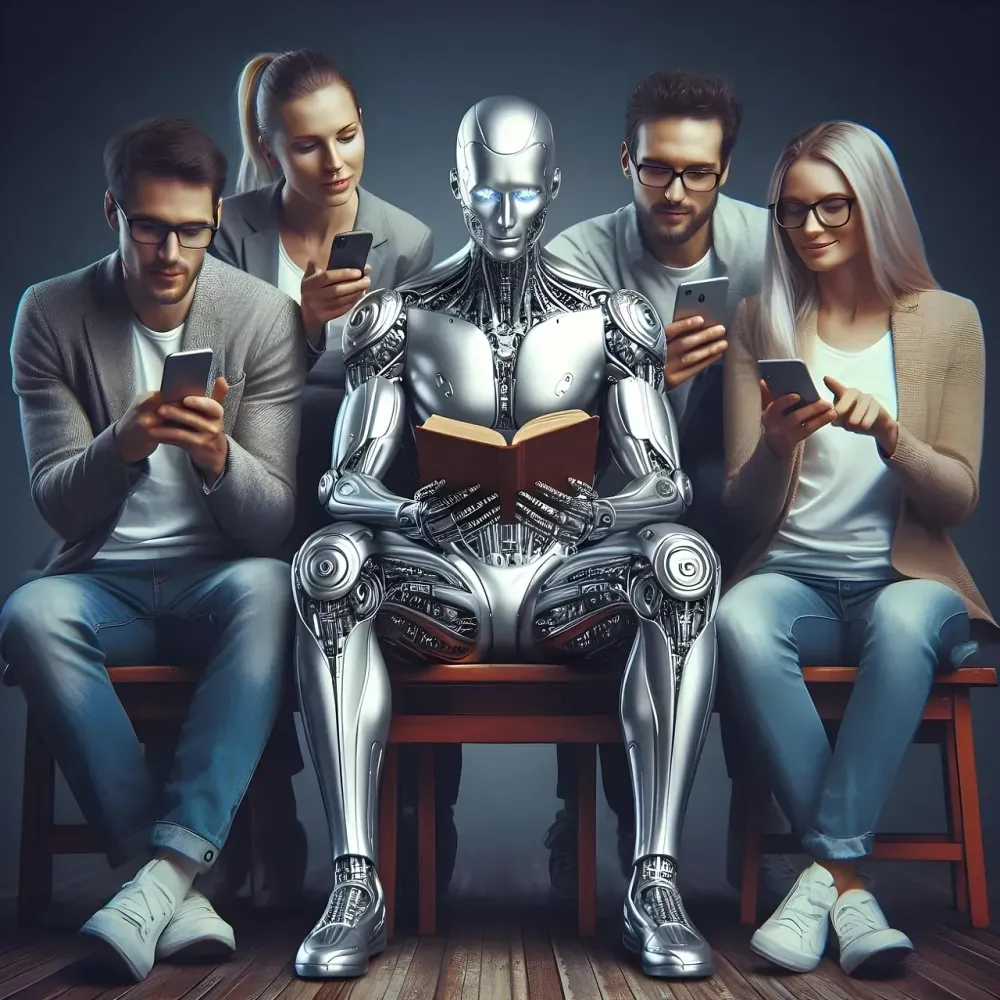 ai generated, robot, reading, humanoid, social networks, artificial intelligence, smartphone, book