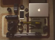 camera, gear, objects, photography, technology, macbook, brown camera