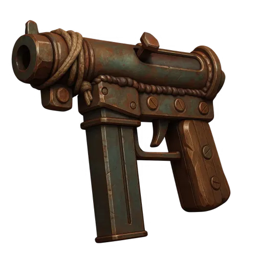 steampunk gun, retro pistol, fantasy weapon, rusty metal gun, industrial weapon, 3d model, sci fi firearm, vintage pistol, mechanical gun, brass weapon, dieselpunk style, rustic weapon, isolated png, transparent background, fantasy shooter, mechanical design, steampunk prop, game asset, ai generated
