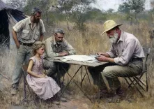 ai generated, men, girl, seated, outdoors, map, reading, field, desert, bush, hats, conversation, learning, expedition, family, rustic, nature, exploration, painting
