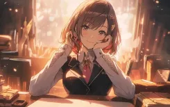woman, anime, student, beauty, desk, uniform, portrait