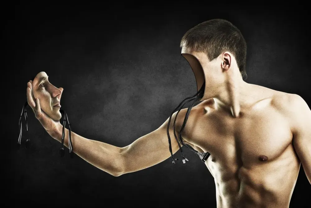 man, face, surreal, imagination, fantasy, shirtless, facial expression, body, human, male, technology, robot, muscles, sci-fi, science fiction, robotics, artificial intelligence