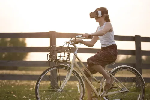 augmented reality, bicycle, girl, bike, child, cyclist, fence, fun, outdoors, person, virtual reality, virtual reality glasses, virtual reality goggles, metaverse, virtual reality headset, vr headset