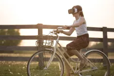 augmented reality, bicycle, girl, bike, child, cyclist, fence, fun, outdoors, person, virtual reality, virtual reality glasses, virtual reality goggles, metaverse, virtual reality headset, vr headset