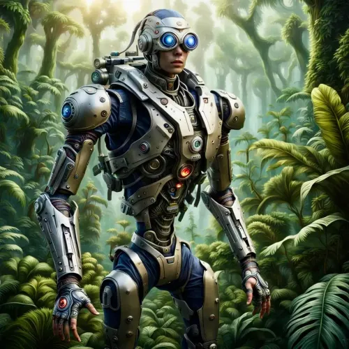 ai generated, cyborg, jungle, nature, robot, sci-fi