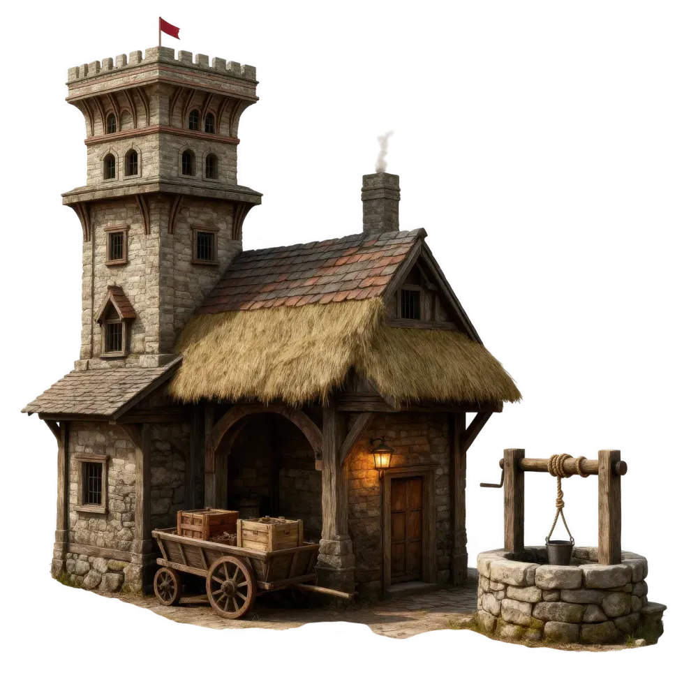 medieval house, fantasy building, stone cottage, thatched roof, old village, medieval architecture, fantasy tower, rustic house, castle town, fairytale home, 3d building, fantasy environment, vintage architecture, medieval fantasy, countryside cottage, medieval street, fantasy design, stone wall, old tavern, rpg asset, historical house, fantasy village, medieval scenery, ai generated