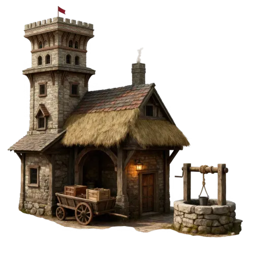 medieval house, fantasy building, stone cottage, thatched roof, old village, medieval architecture, fantasy tower, rustic house, castle town, fairytale home, 3d building, fantasy environment, vintage architecture, medieval fantasy, countryside cottage, medieval street, fantasy design, stone wall, old tavern, rpg asset, historical house, fantasy village, medieval scenery, ai generated