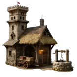 medieval house, fantasy building, stone cottage, thatched roof, old village, medieval architecture, fantasy tower, rustic house, castle town, fairytale home, 3d building, fantasy environment, vintage architecture, medieval fantasy, countryside cottage, medieval street, fantasy design, stone wall, old tavern, rpg asset, historical house, fantasy village, medieval scenery, ai generated