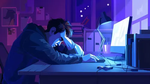 developer, programmer, coding, computer, exhausted, overworked, late night, tired, desk, monitor, screen, code, workspace, office, glasses, headphones, burnout, digital, dark, night, work, stress, fatigue, software, ai generated, developer, developer, developer, developer, developer, tired, fatigue, fatigue