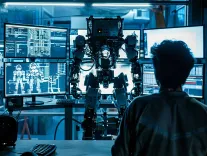 ai generated, robotics, engineer, robot, blueprints, technology, high-tech, workspace, digital art, technical, design, schematics, development, optimization, systems, engineering, tech, innovation, equipment, advanced, setup, lab