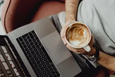 coffee, cup, computer, home, laptop, macbook, technology, office, business, designer, work, coffee cup, man, casual