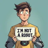 identity crisis, artificial intelligence, turing test, digital authenticity, human or robot, cybersecurity concept, online verification, imposter syndrome, technology humor, robot character, bot detection, future tech, self identification, humanoid, social media meme, personality, cartoon man, yellow shirt, mechanical parts, wide-eyed, brown hair, teal background, character design, ai generated